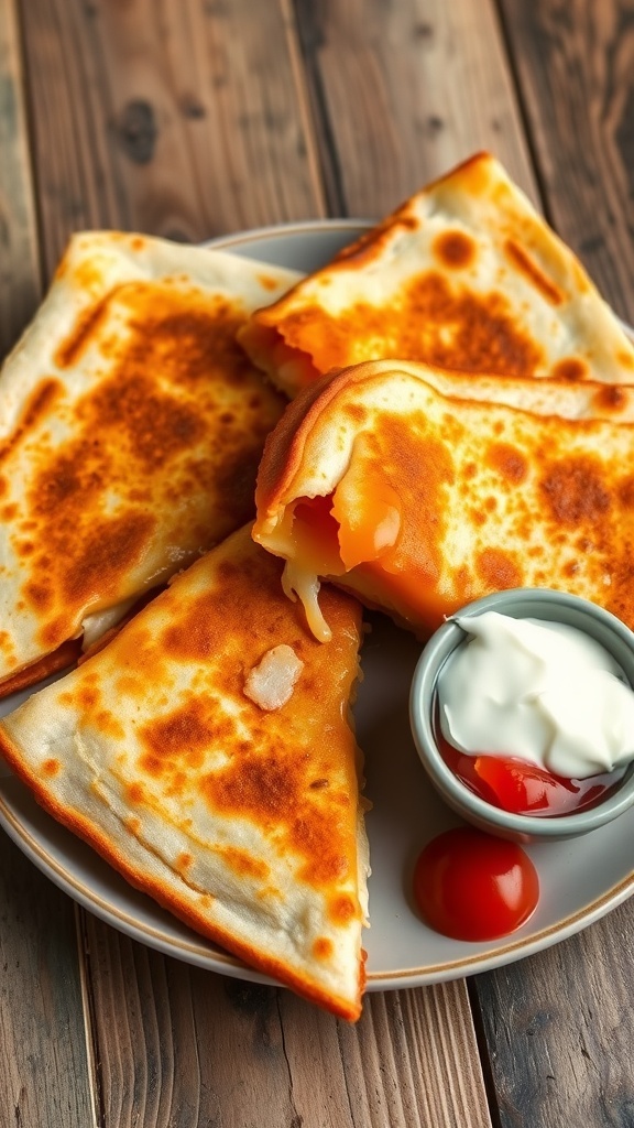 A crispy four-fold cheese quesadilla sliced into wedges, served with salsa and sour cream on a rustic table.